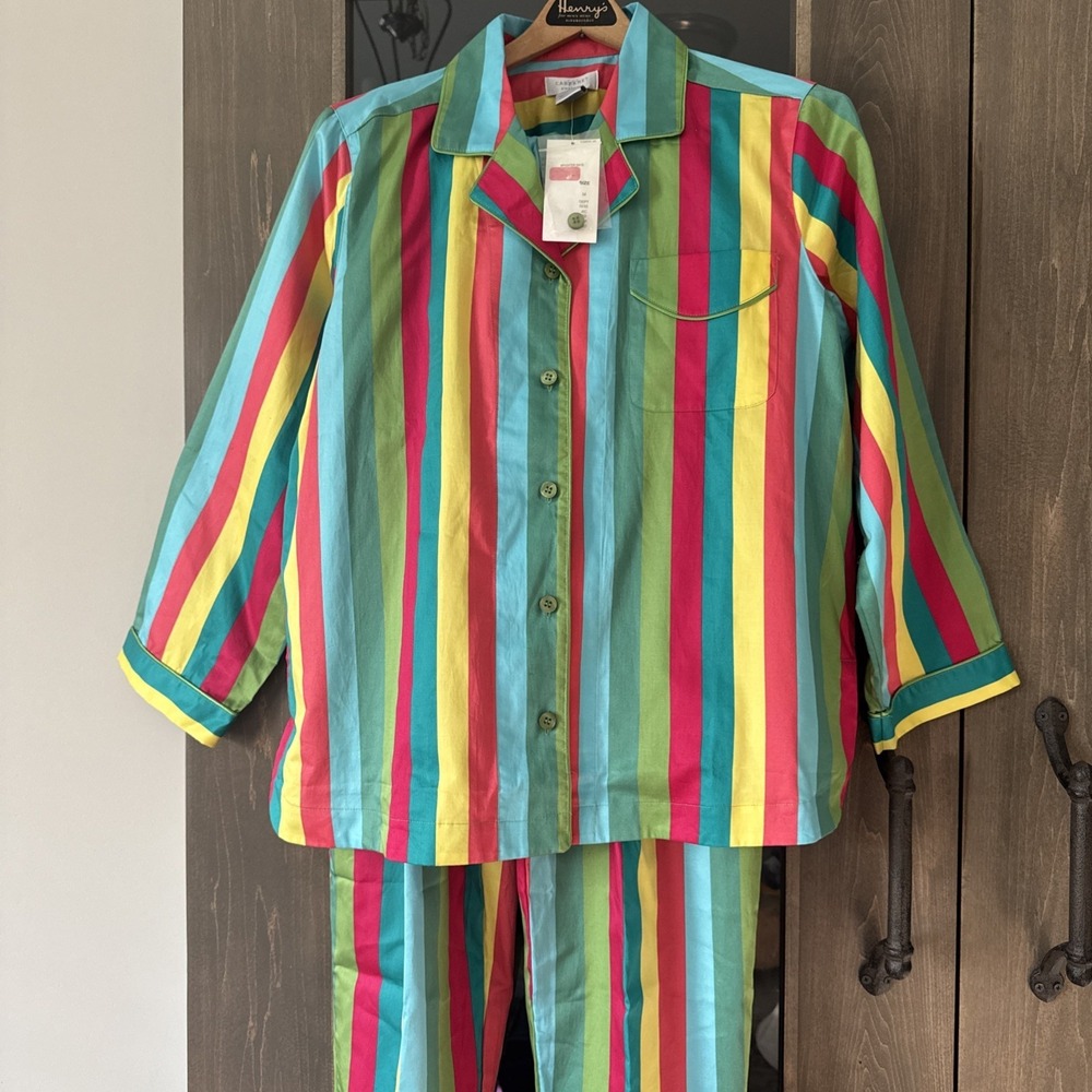 Vtg Cabernet Sleepwear 100% Cotton Bold Stripes Long Sleeve Pajama Set Womens M